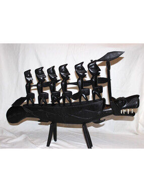 27" African Makonde Style Crocodile Boat Canoe Sculpture 6 Paddlers Carved Wood